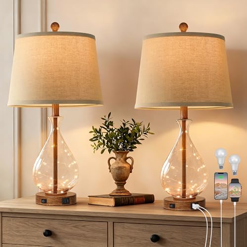 QiMH Farmhouse Table Lamps Set of 2 with Night Light, Mid Century Modern Bedside Lamps for Living Room, Glass Nightstand Lamp with USB A+C Ports, Rustic Vintage Table Lamp for Bedroom, Bulbs Included