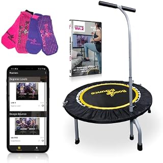Boogie Bounce Studio Rebounder | Folding & Super-Quiet Rebounder For Adults & Children | Adjustable T-Bar Handle & 20st Weight Limit | Includes DVD, Mobile App, Storage Bag & Gripper Socks
