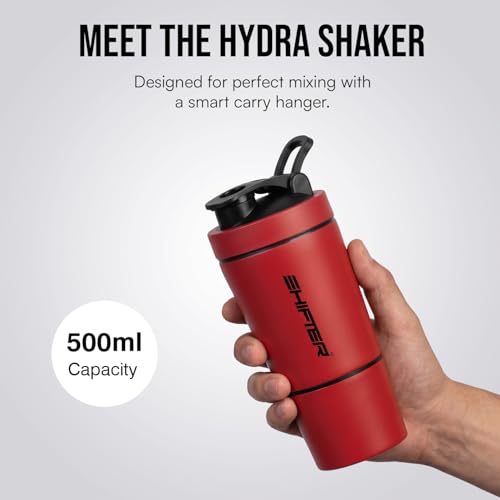 Image of Shifter Stainless Steel Gym Shaker Bottle 500ml | Protein Shaker with Mixer Ball | Leakproof Metal Blender Bottle| Gym, Fitness, Workout, Sports Water Bottle for Men & Women (RED-2)