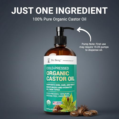 Dr. Berg Organic Castor Oil – 16 fl oz Cold-Pressed Oil – Pure, Unrefined, Single Ingredient – Sourced in India, Bottled in USA – Lab Tested, USDA Organic, Glass Bottle Detail