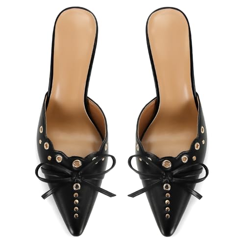 Image of DOEYG Women Pointed Toe Bow Heels Mules Slip on Stiletto Heels Sandals Dress Party Wedding Studded Heels Pumps
