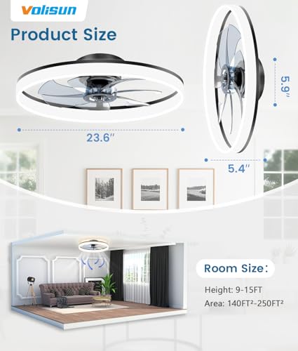 Image of VOLISUN Low Profile Ceiling Fans with Lights and Remote, 24in Fandelier Ceiling Fan Flush Mount, 3000K-6500K Smart Bladeless LED Fan Light, Black Modern Ceiling Fans with Lights for Bedroom