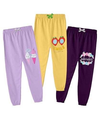 Image of KYDA KIDS Girls 100% Cotton Premium Printed Track Pants | Soft Breathable Fabric | Summer Wear Multicolor Trackpants for Girls - Pack of 3