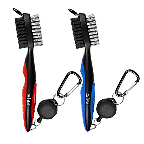 FBJW Golf Club Brush for Golf Club Bag Accessories, 2 Sided Bristle Club Groove Cleaner with 2 Ft Retractable Zip-line Aluminum Carabiner, Great Accessories for Golf (Red+Blue)â€¦