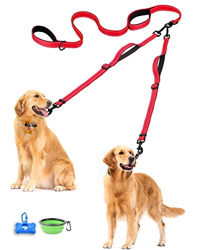 PetBonus Laisse double pour chien, sans nœuds, laisse de dressage réfléchissante, 4 poignées rembourrées confortables pour 2 chiens, avec bol pliable et sacs à déchets (rouge, taille L) Cover