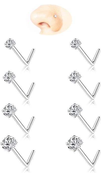 GingYing 8Pcs 20G L Shaped Nose Studs for Women Men Hypoallergenic 316L Surgical Steel with CZ Diamond Sizes 1.5mm 2mm 2.5mm 3mm for Nose Rings Nose Piercing Jewelry and Corkscrew Nose Rings