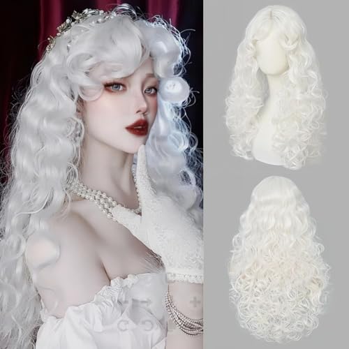 Perruque blanche longue bouclée pour femme à raie au milieu