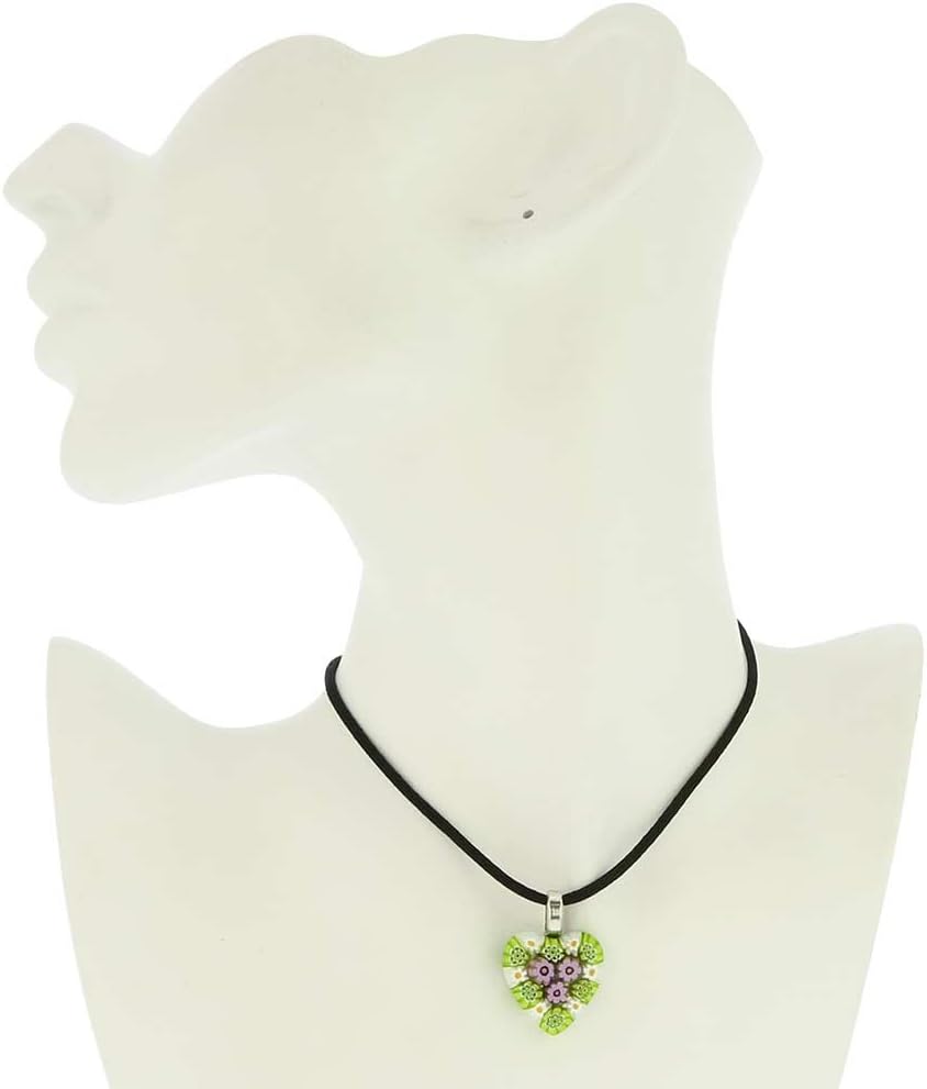 Glass Of Venice Murano Glass Millefiori Heart Pendant Medium - Green Meadow