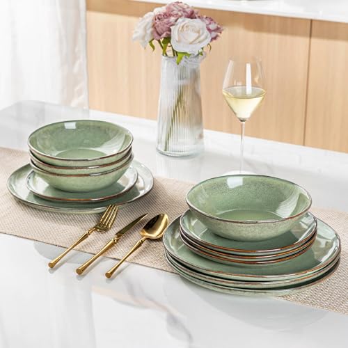 Image of AmorArc Ceramic Dinnerware Sets for 4, 12Pcs Plates and Bowls Sets Dishes | Stoneware Handmade Reactive Glaze Dinner Set, Highly Scratch Resistant | Dishwasher & Microwave Safe Dishware