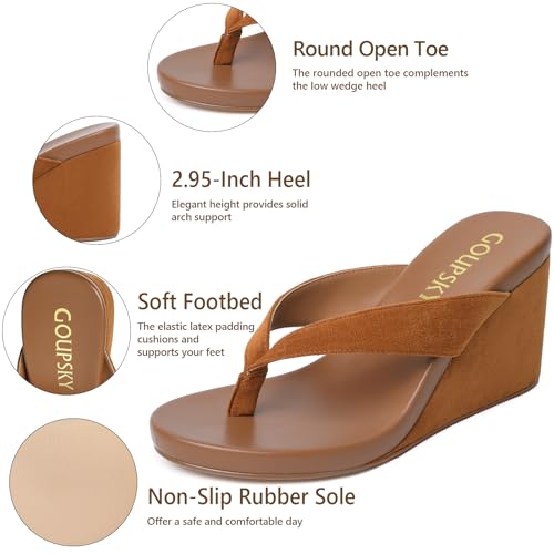 GOUPSKY Brown Suede Wedge Flip Flops for Women Open Round Toe Platform Sandals Slip On Comfortable Wedge Heels Sandals for Summer Vacation Beach Shoes Size 8 by GOUPSKY - Used condition - Image 4