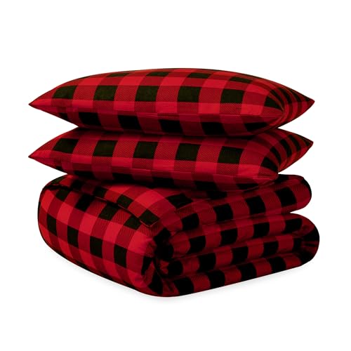 Bare Home Flannel Duvet Cover Set - Queen - 100% Cotton Velvety Soft Heavyweight Premium Flannel Double Brushed - Includes Sham Pillow Covers (Queen Buffalo Plaid - Red/Black)