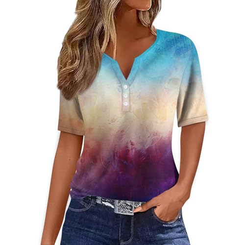 JXKIKOZE Women's T-Shirts Button Down Tunic Tops Short Sleeve Floral Blouse Henley V Neck Sping Clothes,Spring Shirts for Women 2026 Vacation,14-Beige Small
