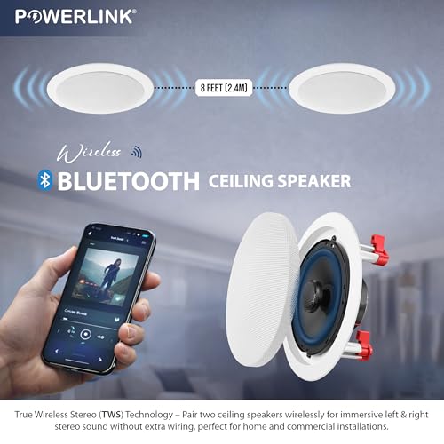 Image of Powerlink TWS2.0 Bluetooth Flush Mount in-Ceiling 2-Way Speaker System Quick Connections Polypropylene Cone & Polymer Tweeter Stereo Sound 60 Watt (30W Each) for Office, Gym, Home Theater (Pack of 2)