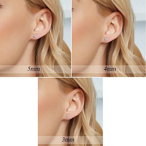 GEMSME 925 Sterling Silver White/Yellow Gold Plated 4 Pong Round Clear Moissanite Stud Earring for Women 3/4/5mm Pack of 3 Pairs3