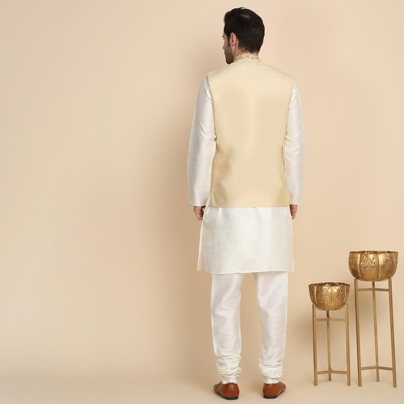 Image of KRAFT INDIA Men's Stylish Silk Kurta with Churidar & Nehru Jacket Set