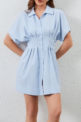 Image of Women Summer Short Sleeve Button Front Pleated Shirt Dress Striped Collar V Neck Casual Y2k Swing Short Mini Dress