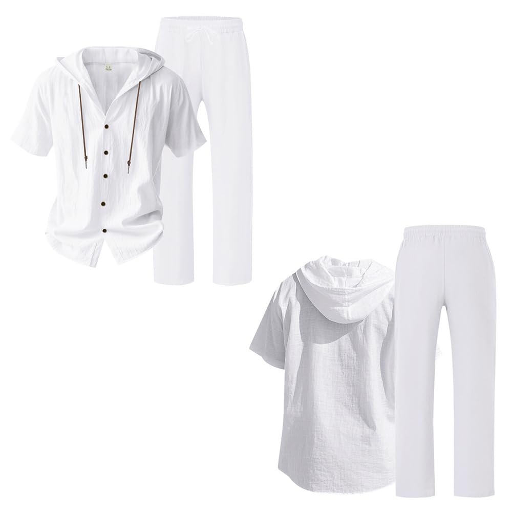 Homme Ensemble en Lin 2 Pièce Casual Chemises à Capuche Hoodie à Manches Courtes Pantalons Survêtement Printemps Été Hauts Chemisette et Pantalon