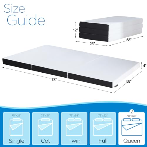 4-inch Queen Size Tri-Fold Memory Foam Mattress, Foldable for Indoor, RV/Camper Van, Travel, Camping, and Guest Rooms, with Breathable Cover & Non-Slip Bottom, 78x58x4 inches