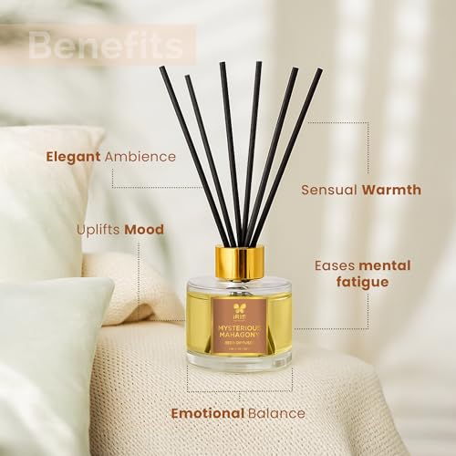Image of IRIS Aroma Reed Diffuser - 100ml | Elegant Home Fragrance with 6 Fiber Reeds, Glass Round Bottle with Gold Cap | Aroma Diffuser for Cozy Decor & Gifting (Mysterious Mahagony)