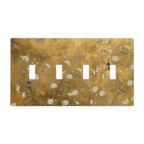 Decorative Switch Plate Covers Vintage White Flowers Birds on Golden Background 4 Gang Light Switch Cover Plate Quad Toggle Wall Plate Light Switch Covers for Bedroom Home Decor