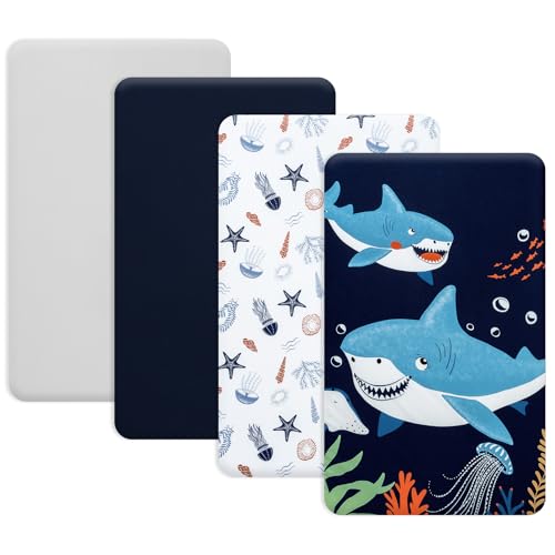 Image of PHF 4 Pack Soft Shark Crib Sheets Fitted, Comfy Breathable Baby Sheets for Boys Girls, 28x52 Inches Fits Standard Crib and Toddler Mattresses, Shark