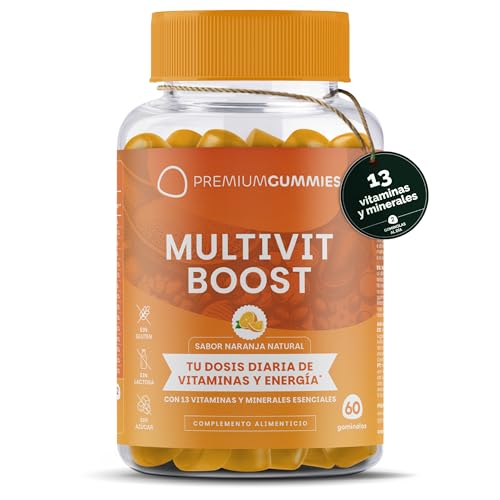 Multivitaminas Gominolas - 13 Vitaminas: A, C, D, E, K, B1, B2, B3, B5, B6, B12, Biotina, Ácido Fólico, Zinc y Selenio - Sabor Naranja - Sin Azúcar, Gluten o GMO - 60 Gom. - 30 Días by Premium Gummies