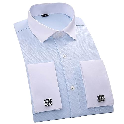 Chemise jacquard bleu sans repassage avec poignets pour boutons de manchette