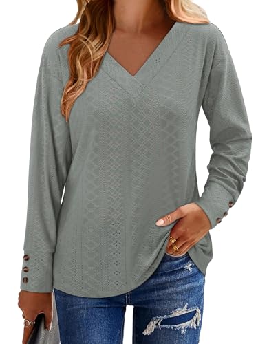 KISSMODA Long Sleeve Fall Shirts For Women V Neck Tunic Tops Embroidered Button Down Knitted Blouses 2025