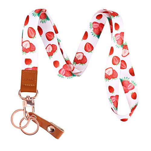 SUPGALIY Lanyard with Badge Holder Strap, Cute Lanyard for Teacher Women and Kids Printed Neck Strap Premium Leather Lanyard for Keychain Keys Mobile Phone Wallet ID Card (Strawberry)