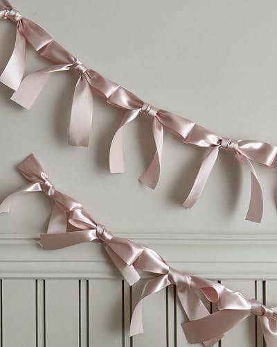Image of Dusty Pink Bow Garland, Pre-Assembled 6 ft - Single Accent Decoration for Bridal Shower, Baby Shower & Birthday Parties | Soft Matte Satin Bows (Dusk Rose)