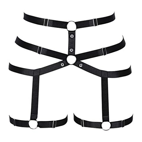 Body Harness for Women Garter Belt Lingerie cage Punk Gothic Leg Strap Stretchy Fabric Long Tube Plus Size Halloween (Black+Silver) Cover