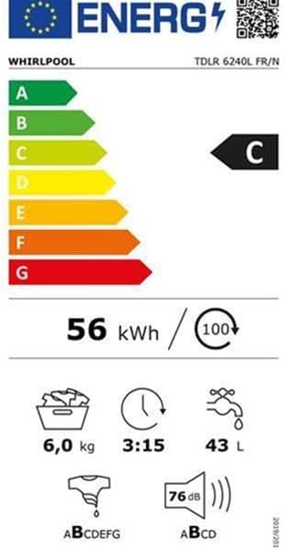Energy label for Whirlpool TDLR6240LFR/N washing machine, showing C energy class, 56 kWh/100 cycles, 6.0 kg capacity, 3:15 cycle duration, 43 L water consumption, and 76 dB noise level.