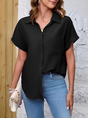 Womens Button Down Shirt Casual Short Sleeve Collared Work Blouse with Pocket2