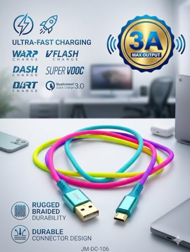 Image of Jmax Micro USB Cable 1 m 3A Fast Charging Micro USB Cable | 1 Meter Nylon Braided | Quick Charge 3.0, Warp, Dash, VOOC Support | Rainbow Cable