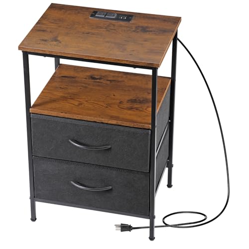 Nouva Nightstands Set of 2 with Charging Station, End Table Side Table Night Stand Bedside Table Furniture w/ 4 Fabric Drawers, USB Ports & Outlets,Metal Frame for Bedroom,Rustic Brown