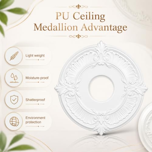 Image of 2pcs Ceiling Medallion for Light Fixtures Chandeliers,White,Delicate | Molded PU Ceiling Decor, Lightweight Decorative Trim, for Ceiling Fan, Chandelier and Indoor Lighting Fixture Home Renovation