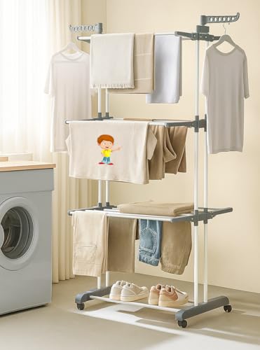 FLIPZON Premium Clothes Stand for Drying with Wheels | Portable | 3 Layer Rack for Balcony | Double Pole | Foldable Wings | 24 Hanger Rods | Foldable Wings | Alloy Steel & Plastic (White & Grey)