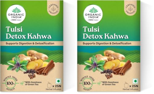 Image of A TATA Product - Organic India Tulsi Detox Kahwa - 25 Tea Bags, Helps Improve Digestion & Detoxification, Rich in Antioxidants, Made with Tulsi, Ginger, Clove, and Green Tea (Pack of 2)