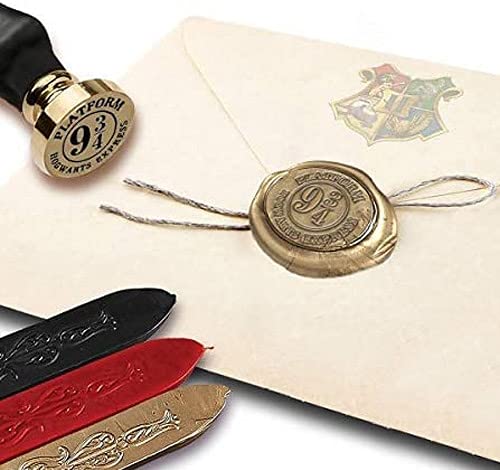 Harry Potter Platform Nine and Three Quarters Wax Seal Stamp Kit with Brown Wood Handle and Red Gold and Black Sealing Wax