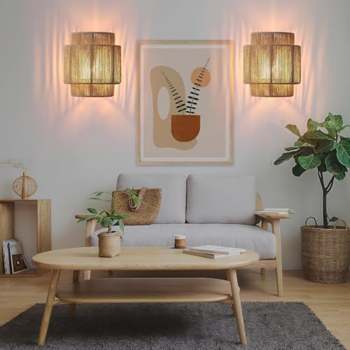 Image of Bofea-1 Light Boho Wall Light,Rattan Wall Sconce with Hand Woven Hemp Rope Shade,Plug in Wall Sconces,Boho Bedside Lamp,Farmhouse Rustic Wall Lamps Light Fixture for Living Room Bedroom Stairway