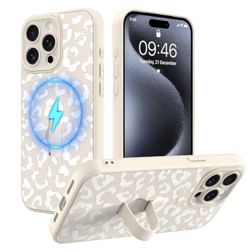 MOWIME Magnetic for iPhone 15 Pro Case with Finger Strap Compatible with Magsafe Cheetah Print Pattern for Women Girls Slim Shockproof Soft TPU Case for iPhone 15 Pro 6.1 Inch White
