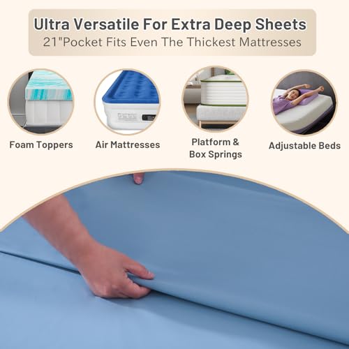 MEISHANG Extra Deep Pocket King Sheets Cotton - 1000 Thread Count Sheets - Fits 18"-24" in Deep Mattress,100% Egyptian Cotton,Sateen Weave, Soft & Breathable - 4 Piece (King, Smoky Blue)