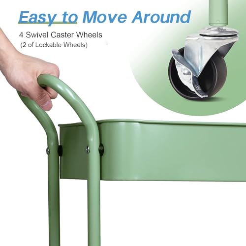MISSLO Storage Trolley 3 Tier Rolling Cart with Wheels and Handle, Under Desk 27" Height Small Metal Utility Cart Organizer Rack Shelf, Mobile Book Cart for Office, Kitchen, Bathroom (Green) - Image 4