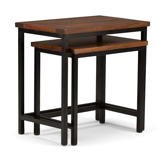 SIMPLIHOME Skyler SOLID MANGO WOOD and Metal 25 inch Wide Rectangle Industrial Nesting 2 Pc Side Table in Dark Cognac Brown, Fully Assembled for the Living Room and Bedroom