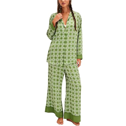 Image of Women Satin Pajama Set Floral Silk Pajamas 2 Piece Lounge Sets Button Down Shirts Wide Leg Pants Pjs Sleepwear