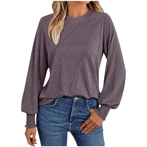 Women's Crewneck Fall Pullover Top Ribbed Cuff Long Sleeve Pleated Shirt Fashion Casual Lightweight Blouse Teen Girls