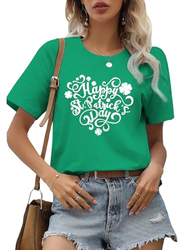 St Patricks Day Shirt Women Short Sleeve Crewneck Irish Shamrock Graphic Tees Lucky Four Leaf Clover Shirt