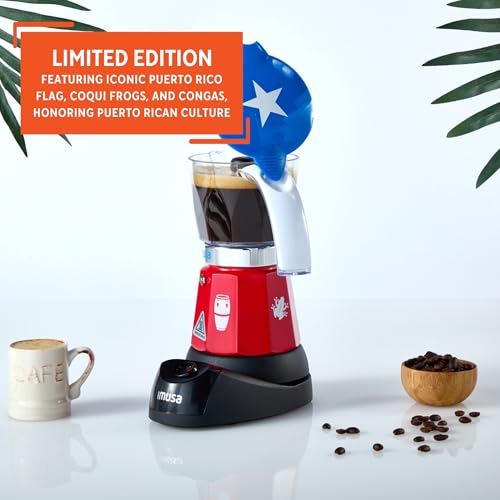 Image of IMUSA Puerto Rico Boricua Flag Espresso Maker 6 Cup or 3 Cup | Limited Edition Moka Pot Coffee Maker | Cast Aluminum & Tritan Stovetop Espresso Machine | Traditional Puerto Rican Boricua Coffee Pot