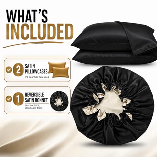 Satin Pillowcase Set with Adjustable Sleep Bonnet, 2 Satin Pillowcases 20x 30 Inch + 1 Satin Bonnet, Silky Soft Anti-Frizz Hair Protection Sleep Set for Women. (Black) - Image 2