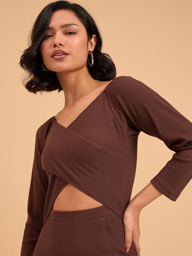 Image of barcino Black Rib Side Slit Wrap Neck Cut-Out Midi Dress
